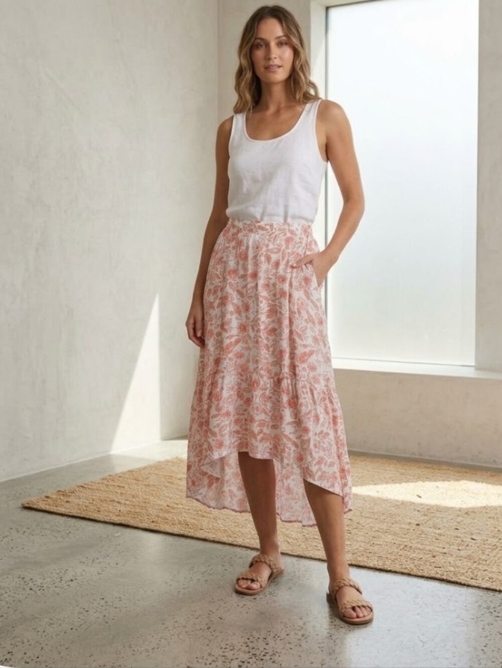 Women's AB Studio Floral High Low Midi Skirt XL White Coral